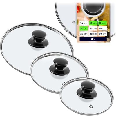 KADAX Lot de couvercles universels en verre avec poignée, résistants à la chaleur, différentes tailles, pour casserole, poêle, 16 + 18 + 20 cm, poignée noire brillante KADAX Lot de couvercles universels en verre avec poignée, résistants à la chaleur, différentes tailles, pour casserole, poêle, 16 + 18 + 20 cm, poignée noire brillante