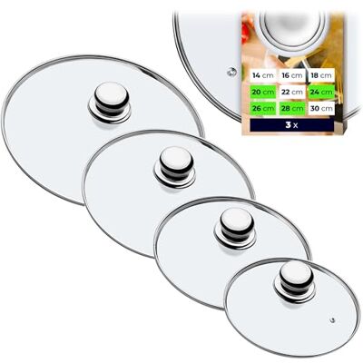 KADAX Lot de 4 couvercles en verre avec poignée en métal Diamètre : 20/24/26/28 cm Résistants à la chaleur Conservent la chaleur et réduisent les éclaboussures KADAX Lot de 4 couvercles en verre avec poignée en métal Diamètre : 20/24/26/28 cm Résistants à la chaleur Conservent la chaleur et réduisent les éclaboussures