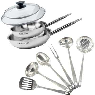 Fackelmann 9440450 Set poêles 24 et 28 cm en inox 18/8, Couvercle verre et 6 ustensiles inox, Poêle tous feux, Poêle induction, Poêle sans PFAS, Manche riveté, Inox, Verre, 24 et 28 cm Fackelmann 9440450 Set poêles 24 et 28 cm en inox 18/8, Couvercle verre et 6 ustensiles inox, Poêle tous feux, Poêle induction, Poêle sans PFAS, Manche riveté, Inox, Verre, 24 et 28 cm