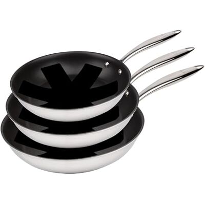 MasterPRO Argent 3 3 poêles antiadhésives de 20, 24 et 28 cm, triple couche en acier inoxydable et aluminium forgé, avec poignée ergonomique, poêle en acier inoxydable, pour tous types de cuisines MasterPRO Argent 3 3 poêles antiadhésives de 20, 24 et 28 cm, triple couche en acier inoxydable et aluminium forgé, avec poignée ergonomique, poêle en acier inoxydable, pour tous types de cuisines