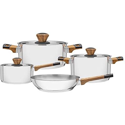 Tramontina Brava Baquelite Batterie de cuisine en acier inoxydable avec finition brillante, corps triple et couvercles, poignées, manches et boutons effet bois, 4 pièces Tramontina Brava Baquelite Batterie de cuisine en acier inoxydable avec finition brillante, corps triple et couvercles, poignées, manches et boutons effet bois, 4 pièces
