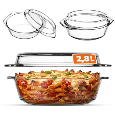 KADAX Cocotte en verre résistant à la chaleur avec couvercle et poignées pour lasagnes, plat résistant à la chaleur pour cuisiner, cuire au four, rôtir (rond, 2,8 l) KADAX Cocotte en verre résistant à la chaleur avec couvercle et poignées pour lasagnes, plat résistant à la chaleur pour cuisiner, cuire au four, rôtir (rond, 2,8 l)