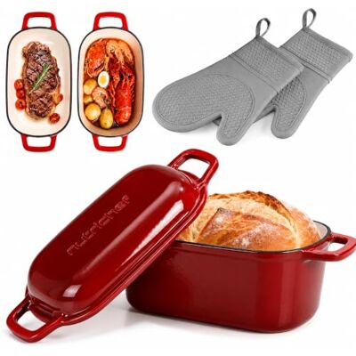Nutrichef Moule à Pain en Fonte Émaillée avec Couvercle – Cocotte Ovale Dutch Oven 2,7 L pour Pain au Levain, Pain Artisanal, Cuisson Vapeur, Rôtir, Mijoter, Four 260 °C, Gants Silicone Nutrichef Moule à Pain en Fonte Émaillée avec Couvercle – Cocotte Ovale Dutch Oven 2,7 L pour Pain au Levain, Pain Artisanal, Cuisson Vapeur, Rôtir, Mijoter, Four 260 °C, Gants Silicone