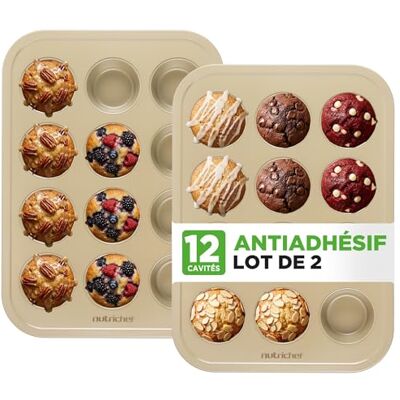 NutriChef Moules à Muffins/Pâtisserie pour Cuisson, Plaque à Cupcakes Antiadhésive, Moule Muffin, 2 Pièces avec 12 Cavités, Plateau Empilable en Acier au Carbone, Compatible Lave, Vaisselle, Doré NutriChef Moules à Muffins/Pâtisserie pour Cuisson, Plaque à Cupcakes Antiadhésive, Moule Muffin, 2 Pièces avec 12 Cavités, Plateau Empilable en Acier au Carbone, Compatible Lave, Vaisselle, Doré