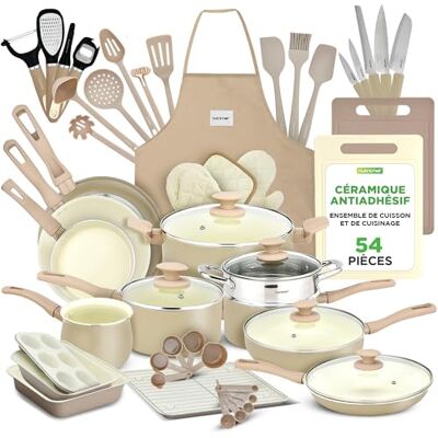 NutriChef Batterie de Cuisine 54 Pièces – Set Complet Poêles et Casseroles Céramiques Antiadhésives avec Couvercles et Ustensiles, Tous Feux Induction Gaz Électrique Marron Taupe NutriChef Batterie de Cuisine 54 Pièces – Set Complet Poêles et Casseroles Céramiques Antiadhésives avec Couvercles et Ustensiles, Tous Feux Induction Gaz Électrique Marron Taupe