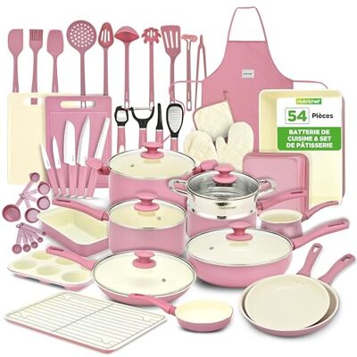 NutriChef Batterie de Cuisine 54 Pièces – Set Complet Poêles et Casseroles Céramiques Antiadhésives avec Couvercles et Ustensiles, Tous Feux Induction Gaz Électrique Rose Blush NutriChef Batterie de Cuisine 54 Pièces – Set Complet Poêles et Casseroles Céramiques Antiadhésives avec Couvercles et Ustensiles, Tous Feux Induction Gaz Électrique Rose Blush