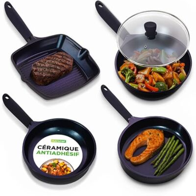NutriChef Lot de 3 Poêles + 1 Wok Céramique Antiadhésif avec Couvercle en Verre – Compatible Toutes Plaques Dont Induction – Sans PTFE PFOA PFOS Résistant aux Taches Diamant Bleu NutriChef Lot de 3 Poêles + 1 Wok Céramique Antiadhésif avec Couvercle en Verre – Compatible Toutes Plaques Dont Induction – Sans PTFE PFOA PFOS Résistant aux Taches Diamant Bleu