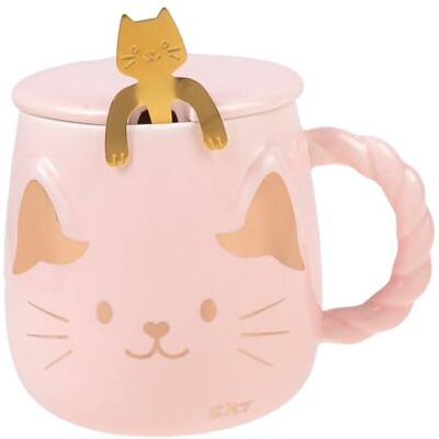 lachineuse TASSE CHAT JAPONAIS TEINTE ROSE Avec Couvercle et Cuillère lachineuse TASSE CHAT JAPONAIS TEINTE ROSE Avec Couvercle et Cuillère