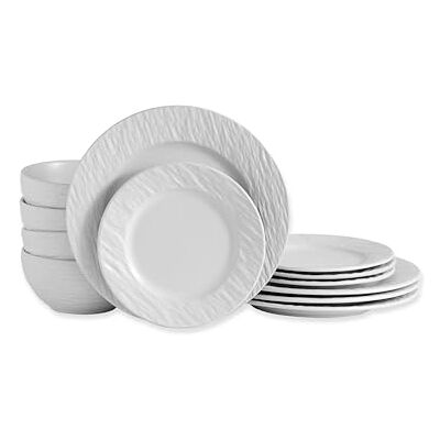 ECHTWERK service de table 12 pièces "New Modern", pour 4 personnes, effet ardoise, en grès, 4 assiettes plates, 4 assiettes à dessert, 4 bols, blanc ECHTWERK service de table 12 pièces "New Modern", pour 4 personnes, effet ardoise, en grès, 4 assiettes plates, 4 assiettes à dessert, 4 bols, blanc