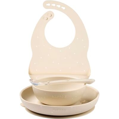 Nattou Vaisselle en silicone pour enfants, 4 pièces, 1 cuillère, 1 bol avec couvercle, 1 verre, 1 bavoir, sans BPA, silicone, motif couleur argile Nattou Vaisselle en silicone pour enfants, 4 pièces, 1 cuillère, 1 bol avec couvercle, 1 verre, 1 bavoir, sans BPA, silicone, motif couleur argile