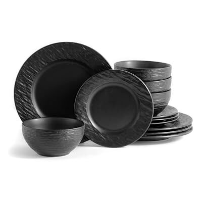ECHTWERK service de table 12 pièces "New Modern", pour 4 personnes, effet ardoise, en grès, 4 assiettes plates, 4 assiettes à dessert, 4 bols, noir ECHTWERK service de table 12 pièces "New Modern", pour 4 personnes, effet ardoise, en grès, 4 assiettes plates, 4 assiettes à dessert, 4 bols, noir