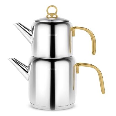 KARACA New Mira – Théière turque en acier inoxydable avec couvercle – Théière turque de 1 litre et réservoir d'eau de 2 litres – Théière midi et bouilloire à induction – Doré KARACA New Mira – Théière turque en acier inoxydable avec couvercle – Théière turque de 1 litre et réservoir d'eau de 2 litres – Théière midi et bouilloire à induction – Doré