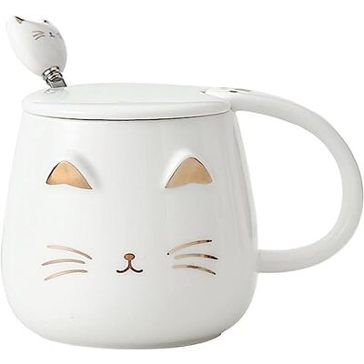 lachineuse TASSE CHAT KAWAII TEINTE BLANCHE Avec Couvercle et Cuillère lachineuse TASSE CHAT KAWAII TEINTE BLANCHE Avec Couvercle et Cuillère