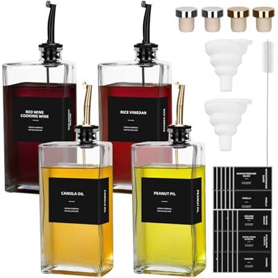 BBWELL Lot de 4 bouteilles d'huile de vinaigre et d'huile de 500 ml, bouteille d'huile d'olive avec bec verseur, distributeur de vinaigre et d'huile en verre, étiquettes étanches, vinaigre et BBWELL Lot de 4 bouteilles d'huile de vinaigre et d'huile de 500 ml, bouteille d'huile d'olive avec bec verseur, distributeur de vinaigre et d'huile en verre, étiquettes étanches, vinaigre et