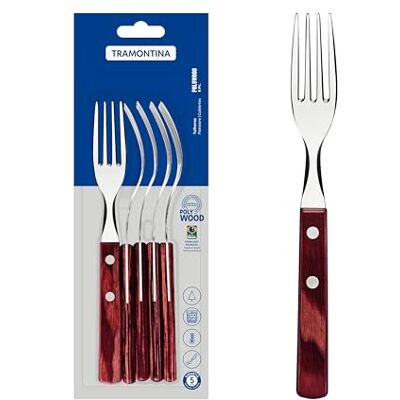 Tramontina Domestic by Mäser, Série Polywood Fourchette à steak 19 cm Set de 6 couverts à steak élégants en acier inoxydable Tramontina Domestic by Mäser, Série Polywood Fourchette à steak 19 cm Set de 6 couverts à steak élégants en acier inoxydable