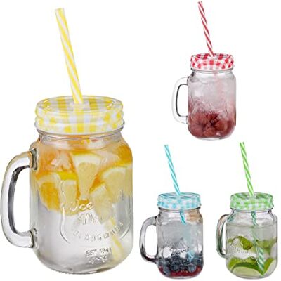 Relaxdays Jarres avec paille et couvercle, en lot de 4, volume : 500 ml, design rétro, verre avec anse, multicolore Relaxdays Jarres avec paille et couvercle, en lot de 4, volume : 500 ml, design rétro, verre avec anse, multicolore