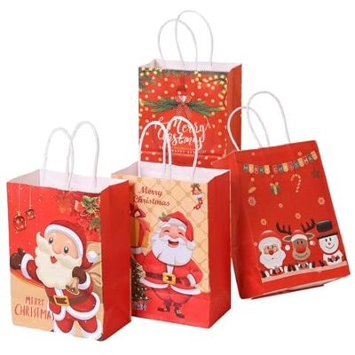 NIXNUT Lot de 12 sacs en papier kraft réutilisables avec poignées pour biscuits, bonbons, pâtisserie, fête de Noël, motifs mignons de Père Noël NIXNUT Lot de 12 sacs en papier kraft réutilisables avec poignées pour biscuits, bonbons, pâtisserie, fête de Noël, motifs mignons de Père Noël