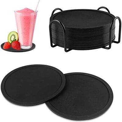 Gvolatee Lot de 12 dessous de verre en silicone noir avec support, verres ronds originaux, antidérapants, protègent la table pour boissons, bière, bar, café ou tasses à thé Gvolatee Lot de 12 dessous de verre en silicone noir avec support, verres ronds originaux, antidérapants, protègent la table pour boissons, bière, bar, café ou tasses à thé