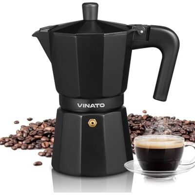 VINATO Cafetière à expresso en aluminium pour plaque de cuisson, cafetière italienne, cafetière de camping, cafetière moka, 6 tasses, avec valve de sécurité, noire VINATO Cafetière à expresso en aluminium pour plaque de cuisson, cafetière italienne, cafetière de camping, cafetière moka, 6 tasses, avec valve de sécurité, noire