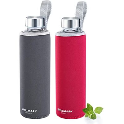 Westmark Set de 2 gourdes, 2 gourdes en verre avec impression et housse de protection, 550 ml, verre/silicone/caoutchouc, sans BPA, Viva, rouge/anthracite/argent/clair, 527222E8 Westmark Set de 2 gourdes, 2 gourdes en verre avec impression et housse de protection, 550 ml, verre/silicone/caoutchouc, sans BPA, Viva, rouge/anthracite/argent/clair, 527222E8