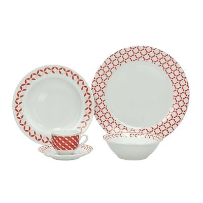 Avilia Service de 30 pièces de table avec assiettes, bols et tasses Service de table avec décoration à carreaux en porcelaine, blanc et rouge Avilia Service de 30 pièces de table avec assiettes, bols et tasses Service de table avec décoration à carreaux en porcelaine, blanc et rouge