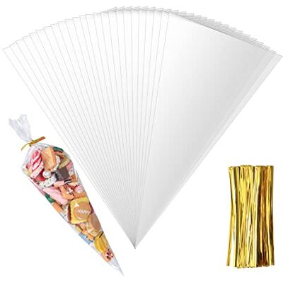 AIOUHMYM Lot de 200 cônes en cellophane transparent avec cordons de serrage pour bonbons, chocolats, bonbons, biscuits AIOUHMYM Lot de 200 cônes en cellophane transparent avec cordons de serrage pour bonbons, chocolats, bonbons, biscuits