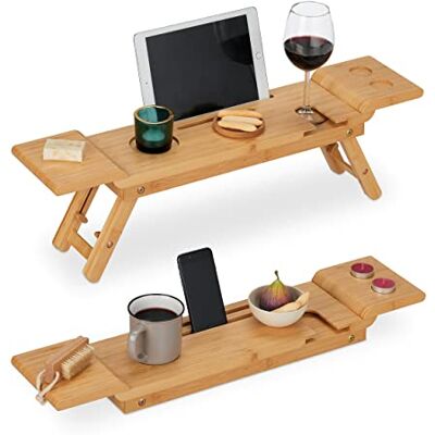 Relaxdays Plateau de baignoire en bambou de 70 cm de large pour verre, téléphone portable, tablette, planche de bain à suspendre, naturel Relaxdays Plateau de baignoire en bambou de 70 cm de large pour verre, téléphone portable, tablette, planche de bain à suspendre, naturel