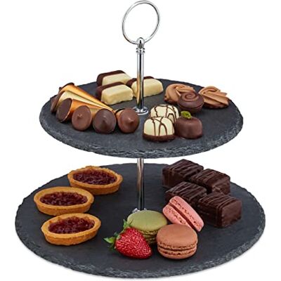 Relaxdays Présentoir 2 étages en ardoise, gâteaux, collations, fruits, poignée en métal, support de service, H 23 x 25 cm, anthracite/argenté Relaxdays Présentoir 2 étages en ardoise, gâteaux, collations, fruits, poignée en métal, support de service, H 23 x 25 cm, anthracite/argenté
