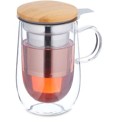Relaxdays Verre à thé, avec passoire en acier inoxydable, couvercle en bambou, oreille, 430 ml, tasse à thé à double paroi, résistante à la chaleur, transparent/naturel Relaxdays Verre à thé, avec passoire en acier inoxydable, couvercle en bambou, oreille, 430 ml, tasse à thé à double paroi, résistante à la chaleur, transparent/naturel