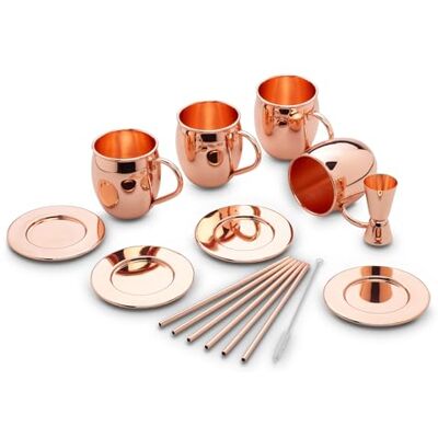 ECHTWERK Moscow Mule Set de 13 gobelets en cuivre fabriqués en acier inoxydable comprenant 4x gobelets en cuivre 500ml, 4x dessous de verre, 4x pailles et 1x gobelet doseur 2cl/4cl ECHTWERK Moscow Mule Set de 13 gobelets en cuivre fabriqués en acier inoxydable comprenant 4x gobelets en cuivre 500ml, 4x dessous de verre, 4x pailles et 1x gobelet doseur 2cl/4cl