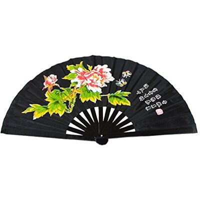 Medifier Éventail chinois de Kung Fu Tai Chi En bambou Avec fleur de pivoine Fond noir Medifier Éventail chinois de Kung Fu Tai Chi En bambou Avec fleur de pivoine Fond noir