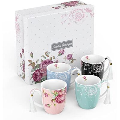 London Boutique Lot de 4 tasses en porcelaine Style vintage shabby chic Motif floral 4 couleurs 350 ml Rose London Boutique Lot de 4 tasses en porcelaine Style vintage shabby chic Motif floral 4 couleurs 350 ml Rose