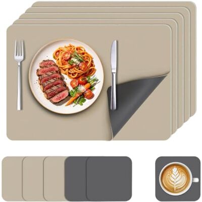 KitchenBoss Set de Table Lavable et Dessous de Verre Lot de 6 Pièces Simili‑Cuir Antidérapant Étanche pour Maison, Restaurant et Hôtel, Gris Foncé‑Beige, 43 × 30 cm KitchenBoss Set de Table Lavable et Dessous de Verre Lot de 6 Pièces Simili‑Cuir Antidérapant Étanche pour Maison, Restaurant et Hôtel, Gris Foncé‑Beige, 43 × 30 cm
