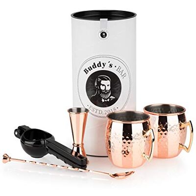 Buddy´s Bar Moscow Mule Set Complet, gobelet de Cocktail en Aspect cuivre brilllant et Effet Marteau de 550ml, cuillère de Bar, Mesure Jigger et Presse Citron, Set de Cocktail avec boîte Cadeau Buddy´s Bar Moscow Mule Set Complet, gobelet de Cocktail en Aspect cuivre brilllant et Effet Marteau de 550ml, cuillère de Bar, Mesure Jigger et Presse Citron, Set de Cocktail avec boîte Cadeau