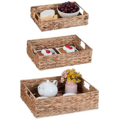 Relaxdays Lot de 3 plateaux en jacinthe d'eau avec poignées, plateau de transport tressé, 3 tailles, carré, naturel Relaxdays Lot de 3 plateaux en jacinthe d'eau avec poignées, plateau de transport tressé, 3 tailles, carré, naturel
