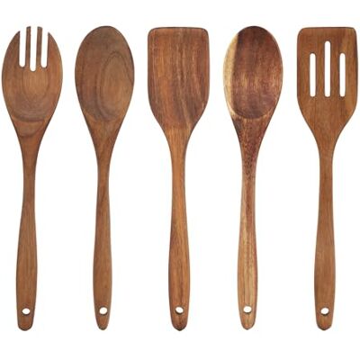 SABATIER TROMPETTE , Set 5 ustensiles de cuisine en bois d'acacia : Cuillère, Spatule, Retourneur et Couverts à salade -30.5 cm, Bois SABATIER TROMPETTE , Set 5 ustensiles de cuisine en bois d'acacia : Cuillère, Spatule, Retourneur et Couverts à salade -30.5 cm, Bois