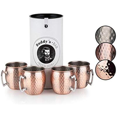 Buddy´s Bar Lot de 4 gobelets Moscow Mule 500 ml En acier inoxydable de qualité alimentaire Effet martelé Avec boîte cadeau Cuivre antique Buddy´s Bar Lot de 4 gobelets Moscow Mule 500 ml En acier inoxydable de qualité alimentaire Effet martelé Avec boîte cadeau Cuivre antique