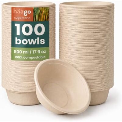 HAAGO 100 Bols Jetables en Bagasse de Canne à Sucre Biodégradable & Compostable (500 ML) HAAGO 100 Bols Jetables en Bagasse de Canne à Sucre Biodégradable & Compostable (500 ML)