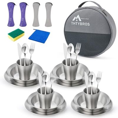 THTYBROS Kit de camping Ustensiles de cuisine avec assiettes, bols, fourchettes, cuillères, couteaux et sac d'économie THTYBROS Kit de camping Ustensiles de cuisine avec assiettes, bols, fourchettes, cuillères, couteaux et sac d'économie