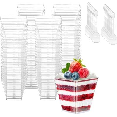 KOOSREEL Lot de 50 gobelets à dessert de 60 ml/2 oz avec 50 cuillères Mini tasses à dessert réutilisables en plastique pour mousse, tiramisu, anniversaire, mariage KOOSREEL Lot de 50 gobelets à dessert de 60 ml/2 oz avec 50 cuillères Mini tasses à dessert réutilisables en plastique pour mousse, tiramisu, anniversaire, mariage