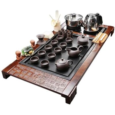 MEHWSAR Plateau à thé Kung Fu en bois et céramique, service à thé chinois en céramique avec plateau à thé, service à thé Gongfu chinois portable pour adultes (style 1) MEHWSAR Plateau à thé Kung Fu en bois et céramique, service à thé chinois en céramique avec plateau à thé, service à thé Gongfu chinois portable pour adultes (style 1)