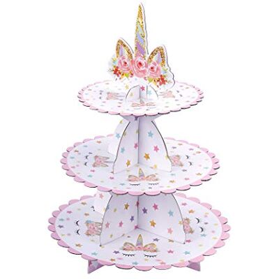 MengH-SHOP Support à cupcakes 3 niveaux en carton avec motif licorne rond pour fête prénatale, anniversaire, fête à thème MengH-SHOP Support à cupcakes 3 niveaux en carton avec motif licorne rond pour fête prénatale, anniversaire, fête à thème