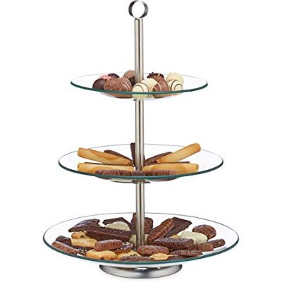 Relaxdays Présentoir rond à 3 étages pour cupcakes, biscuits, fruits, muffins, en acier inoxydable, argenté/transparent Relaxdays Présentoir rond à 3 étages pour cupcakes, biscuits, fruits, muffins, en acier inoxydable, argenté/transparent