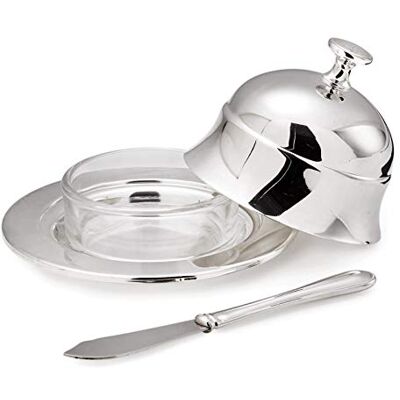 Edzard Boîte à beurre Epe diamètre 11 cm, argent fin plaqué, poli, couteau de longueur 18 cm inclus Edzard Boîte à beurre Epe diamètre 11 cm, argent fin plaqué, poli, couteau de longueur 18 cm inclus
