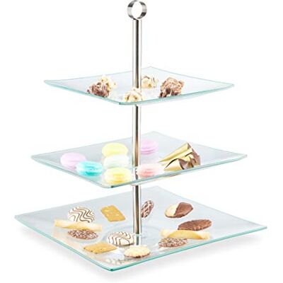 Relaxdays Serviteur gâteau, 3 étages, rectangulaire, verre, inox, présentation de muffins, fruits, transparent/argenté Relaxdays Serviteur gâteau, 3 étages, rectangulaire, verre, inox, présentation de muffins, fruits, transparent/argenté