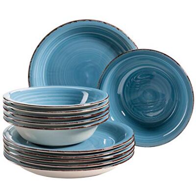 MÄSER 931602 Bel Tempo II Lot de 12 assiettes pour 6 personnes au look moderne vintage peint à la main Bleu foncé Grès Bleu MÄSER 931602 Bel Tempo II Lot de 12 assiettes pour 6 personnes au look moderne vintage peint à la main Bleu foncé Grès Bleu