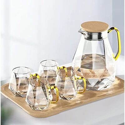 DUJUST Boîte en verre de 2 litres avec 4 tasses et 1 feuille de bambou, bol à eau moderne au design diamant, belle décoration pour le salon, carafe en verre durable pour boissons, résistant à la chaleur et au froid DUJUST Boîte en verre de 2 litres avec 4 tasses et 1 feuille de bambou, bol à eau moderne au design diamant, belle décoration pour le salon, carafe en verre durable pour boissons, résistant à la chaleur et au froid