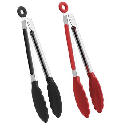 WOLMIK Lot de 2 pinces de cuisine en silicone pour griller, cuisiner et servir, résistantes à la chaleur pour poêles antiadhésives, en acier inoxydable sans BPA, noir et rouge WOLMIK Lot de 2 pinces de cuisine en silicone pour griller, cuisiner et servir, résistantes à la chaleur pour poêles antiadhésives, en acier inoxydable sans BPA, noir et rouge