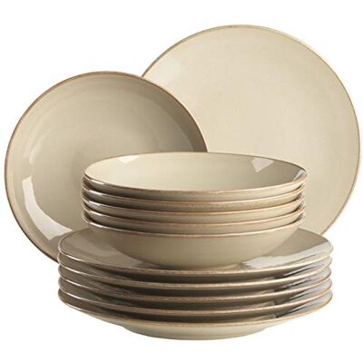 MÄSER 931734 Ossia Lot de 12 assiettes style méditerranéen vintage avec assiettes creuses et assiettes en céramique gris sableux, gris sable MÄSER 931734 Ossia Lot de 12 assiettes style méditerranéen vintage avec assiettes creuses et assiettes en céramique gris sableux, gris sable