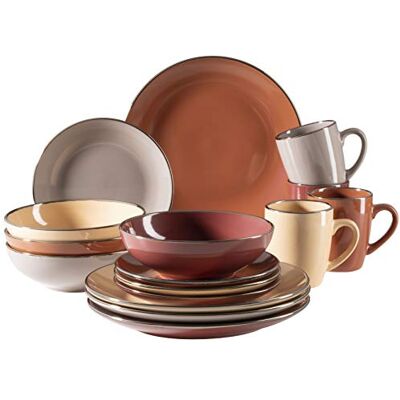 MÄSER 931871 Metallic Rim Service de table moderne pour 4 personnes avec bord couleur laiton, 16 pièces avec formes coupées sans bordure, multicolore, grès, naturel MÄSER 931871 Metallic Rim Service de table moderne pour 4 personnes avec bord couleur laiton, 16 pièces avec formes coupées sans bordure, multicolore, grès, naturel